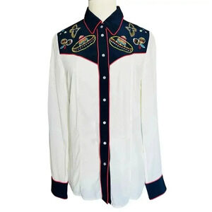 & Other Stories White and Navy Embroidered Blouse